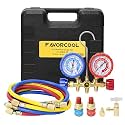 FavorCOOLHvac Gauges, AC Diagnostic Manifold Gauge Set for R410a R134a R22 R12 Refrigerant, Brass Body 3-Way Car HVAC Gauge Set with 4FT Hoses Adjustable Couplers Adapter and Can Tap Freon Charge Kit