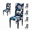 Favria Elastic Chair Cover Stretch Removable Washable Short Dining Chair Cover Protector Seat Slipcover - Dark Blue Deer-Set of 6 Chair Covers,Polyester