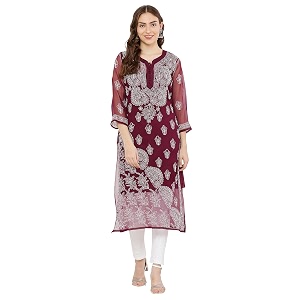 FAWOMENT Womens Designer Straight Georgette Hand Embroidered