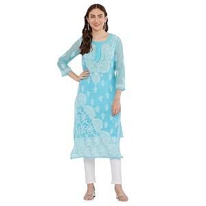 FAWOMENT Womens Designer Straight Georgette Hand Embroidered