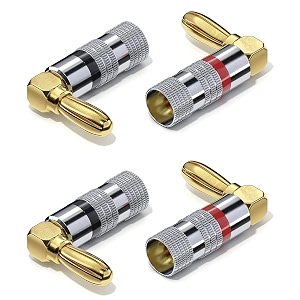  2 pairs  4 pieces  90 right angle banana plug connectors  banana plugs for speaker cables 90 angled plugs gold plated with colour coding 24k gold plated
