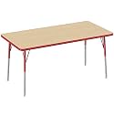FDP Rectangle Activity School and Office Table (30 x 60 inch), Standard Legs with Swivel Glides, Adjustable Height 19-30 inches - Maple Top and Red Edge