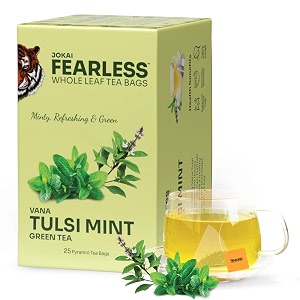 fearless tulsi mint green tea bags 25 pcs  with organic vana tulsi leaves  refreshing minty taste  anti-aging benefits  sweet aroma delicious taste  latest amp safe pyramid bags