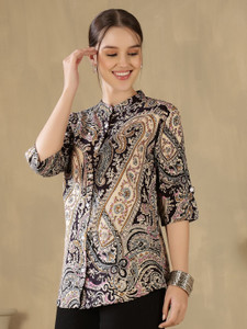 FebQ Casual Printed Women Black Top