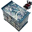 February Mountain Elegant Mother of Pearl Jewelry Box – Handcrafted Wooden Chest with Intricate Butterfly and Crane Designs, 4 Drawer Storage, and Red Velvet Interior – Ideal Gift for Women