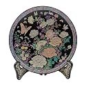 February Mountain Handcrafted Mother-of-Pearl Inlay Decorative Lacquer Plate - Floral and Butterfly Design with Stand