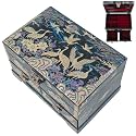 February Mountain Korean Mother of Pearl Jewelry Box – 2-Drawer Keepsake Box with Mirror, Traditional Oriental Trinket Organizer – Gift for Women, Mom, Wife, Anniversary (Crane and Pine tree - Blue)