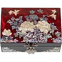 February Mountain Korean Mother of Pearl Jewelry Box – Red Floral Peony Design with Butterfly Clasp, Removable Velvet Tray – Christmas Gift for Women, Birthday, Anniversary, Keepsake Storage