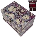 February Mountain Korean Mother of Pearl Jewelry Box – 2-Drawer Keepsake Box with Mirror, Traditional Oriental Trinket Organizer – Gift for Women, Mom, Wife, Anniversary (Floral Peony - Purple)