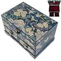 February Mountain Korean Mother of Pearl Jewelry Box – 2-Drawer Keepsake Box with Mirror, Traditional Oriental Trinket Organizer – Gift for Women, Mom, Wife, Anniversary (Floral Peony - Blue)