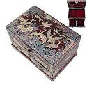 February Mountain Korean Mother of Pearl Jewelry Box – 2-Drawer Keepsake Box with Mirror, Traditional Oriental Trinket Organizer – Gift for Women, Mom, Wife, Anniversary (Crane and Pine tree - Red)