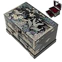February Mountain Korean Mother of Pearl Jewelry Box – 2-Drawer Keepsake Box with Mirror, Traditional Oriental Trinket Organizer – Gift for Women, Mom, Wife, Anniversary (Crane and Pine tree - B)