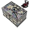 February Mountain Korean Mother of Pearl Jewelry Box – 2-Drawer Keepsake Box with Mirror, Traditional Oriental Trinket Organizer – Gift for Women, Mom, Wife, Anniversary (Floral Peony - Black)