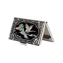 February Mountain Mother of Pearl Business Card Case - Korea Traditional Gifts, Slim Metal Holder for Business &amp; Credit Cards, Pocket-Sized Purse Wallet (Crane in the Clouds)