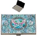 February Mountain Mother of Pearl Business Card Case - Korea Traditional Gifts, Slim Metal Holder for Business &amp; Credit Cards, Pocket-Sized Purse Wallet (Ornate Butterfly with Blue Floral Background)