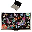 February Mountain Mother of Pearl Business Card Case - Korea Traditional Gifts, Slim Metal Holder for Business &amp; Credit Cards, Pocket-Sized Purse Wallet (Colorful Butterfly on Black Background)