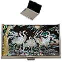February Mountain Mother of Pearl Business Card Case - Korea Traditional Gifts, Slim Metal Holder for Business &amp; Credit Cards, Pocket-Sized Purse Wallet (Crane)