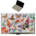 February Mountain Mother of Pearl Business Card Case - Korea Traditional Gifts, Slim Metal Holder for Business &amp; Credit Cards, Pocket-Sized Purse Wallet (Colorful Butterfly on White Background)