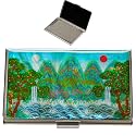 February Mountain Mother of Pearl Business Card Case - Korea Traditional Gifts, Slim Metal Holder for Business &amp; Credit Cards, Pocket-Sized Purse Wallet (Five Peaks Landscape)