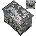 February Mountain Mother of Pearl Wooden Jewelry Organizer Box – Jewelry Storage Box for Women, Features Spacious Drawers, Ideal for Rings, Bracelets, Watches, Chains, Accessories (Crane_Black)