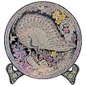 February Mountain Traditional Mother-of-Pearl Inlaid Decorative Plate with Peacock Design Including Display Stand