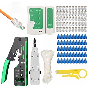 fedus rj45 crimping tool kit passthrough crimping tool rj45 for cat8 cat7 cat6a cat5e cat5 25pcs rj45 connector amp boot coversnetwork lan testercut and strip tool25 cable tieskd-1 punch down tool