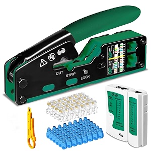 fedus rj45 crimping tool kit passthrough crimping tool rj45 crimping machine for cat8 cat7 cat6a cat6 cat5e cat5 ethernet tool kit 25pcs passthrough connector amp boot covers cut and strip tool