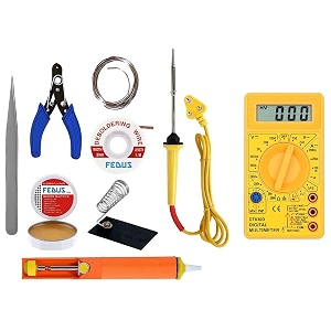 fedus soldering iron kit setsoldering iron25wsoldering wiresoldering standsoldering pastewire stripper cutter desoldering wick wire desoldering pump solder suckertweezerdigital multimeter