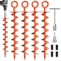 FEED GARDEN Ground Anchors Screw in Heavy Duty, 4 Pack 15 Inch Spiral Earth Anchors for Trampoline Anchors High Wind, Swing Set Anchors, Tent Stakes, Dog Tie Out & Canopy Stability, Orange