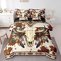 Feelyou Bull Skull Comforter Set Full 7 Pieces Western Feather Print Bedding Set Southwestern Tribal Bed in a Bag Cowhide Pattern Room Decor Boho Western Quilted Breathable Soft Lightweight
