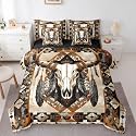 Feelyou Bull Skull Comforter Set with Sheets 7 Piece Full Western Feather Print Bedding Set for Kids Boys Girls Native Feather Bed in a Bag Cowhide Pattern Room Decor Tribal Skull Soft Lightweight