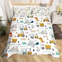 Feelyou Construction Bedding Duvet Cover Set King Size Equipment Trucks Bedding Set for Kids Boys Girls Decor Dinosaur Comforter Cover Set 3D Digital Print Yellow Bedspread Cover Bedroom Bedclothes