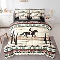 Feelyou Cowboy Silhouette Queen Comforter Set with Sheets Western Desert Cactus 7 Pieces Bedding Set Tribal Pattern Bed in a Bag Southwestern Geometric Room Decor Vintage Western Soft Lightweight