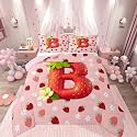 Feelyou Cute Girls Strawberry Bedding Set Soft for Boys Girls, Pink Red Princess Strawberry Comforter Set Toddler Size Initial Letter B Duvet Quilt Microfiber Bedroom Decor 2 Pcs with 1 Pillow Cases