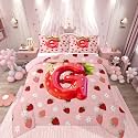 Feelyou Cute Girls Strawberry Bedding Set Soft for Boys Girls, Pink Red Princess Strawberry Comforter Set Twin Size Initial Letter G Duvet Quilt Microfiber Bedroom Decor 2 Pcs with 1 Pillow Cases