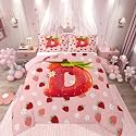 Feelyou Cute Girls Strawberry Comforter Set All Season Pink Red Princess Strawberry Bedding Set with 2 Pillow Cases Initial Letter D Microfiber Kids King Bedclothes Bedroom Decor Duvet Quilt Soft