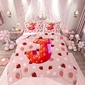 Feelyou Cute Girls Strawberry Comforter Set All Season Pink Red Princess Strawberry Bedding Set with 1 Pillow Cases Initial Letter J Microfiber Kids Toddler Bedclothes Bedroom Decor Duvet Quilt Soft
