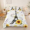Feelyou Eiffel Tower Kids Bedding Set Cute Sunflower Duvet Cover for Boys Children Teens Bedroom Decor Paris Tower Comforter Cover Set Floral Music Themed Bedspread Cover King Size with 2 Pillow Case