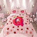 Feelyou Girls Cute Strawberry Comforter Set Twin Size Pink Strawberry Bedding Set for Kids Boys Girls Initial Letter Duvet Quilt Bedroom Decor Microfiber 2 Pcs with 1 Pillow Cases