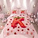 Feelyou Girls Cute Strawberry Kids Comforter Set Queen Size Pink Strawberry Bedding Set Initial Letter K Duvet Quilt for Kids Boys Girls Bedroom Decor Microfiber Ultra Soft Breathable