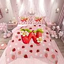 Feelyou Girls Cute Strawberry Kids Comforter Set Twin Size Pink Strawberry Bedding Set Initial Letter W Duvet Quilt for Kids Boys Girls Bedroom Decor Microfiber Ultra Soft Breathable