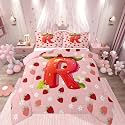 Feelyou Girls Pink Red Strawberry Bedding Set Soft for Boys Girls, Initial Letter R Comforter Set Twin Size Princess Strawberry Duvet Quilt Microfiber Bedroom Decor 2 Pcs with 1 Pillow Cases