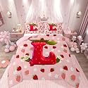 Feelyou Girls Pink Red Strawberry Comforter Set All Season Initial Letter L Bedding Set with 1 Pillow Cases Princess Strawberry Microfiber Kids Twin Bedclothes Bedroom Decor Duvet Quilt Soft
