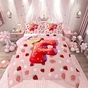 Feelyou Girls Pink Red Strawberry Comforter Set Toddler Size Initial Letter F Bedding Set for Kids Boys Girls Princess Strawberry Duvet Quilt Bedroom Decor Microfiber 2 Pcs with 1 Pillow Cases