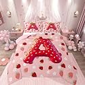 Feelyou Girls Pink Red Strawberry Comforter Set King Size Initial Letter A Bedding Set for Kids Boys Girls Princess Strawberry Duvet Quilt Bedroom Decor Microfiber 3 Pcs with 2 Pillow Cases