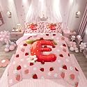 Feelyou Girls Pink Red Strawberry Comforter Set Full Size Initial Letter E Bedding Set for Kids Boys Girls Princess Strawberry Duvet Quilt Bedroom Decor Microfiber 3 Pcs with 2 Pillow Cases