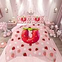 Feelyou Girls Pink Red Strawberry Comforter Set Twin Size Initial Letter U Bedding Set for Kids Boys Girls Princess Strawberry Duvet Quilt Bedroom Decor Microfiber 2 Pcs with 1 Pillow Cases