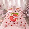 Feelyou Girls Pink Red Strawberry Kids Comforter Set King Size Initial Letter C Bedding Set Princess Strawberry Duvet Quilt for Kids Boys Girls Bedroom Decor Microfiber Ultra Soft Breathable
