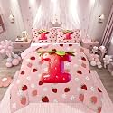 Feelyou Girls Pink Red Strawberry Kids Comforter Set Queen Size Initial Letter I Bedding Set Princess Strawberry Duvet Quilt for Kids Boys Girls Bedroom Decor Microfiber Ultra Soft Breathable