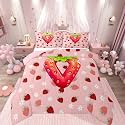 Feelyou Girls Strawberry Bedding Set Soft for Boys Girls, Pink Strawberry Comforter Set King Size Initial Letter V Duvet Quilt Microfiber Bedroom Decor 3 Pcs with 2 Pillow Cases